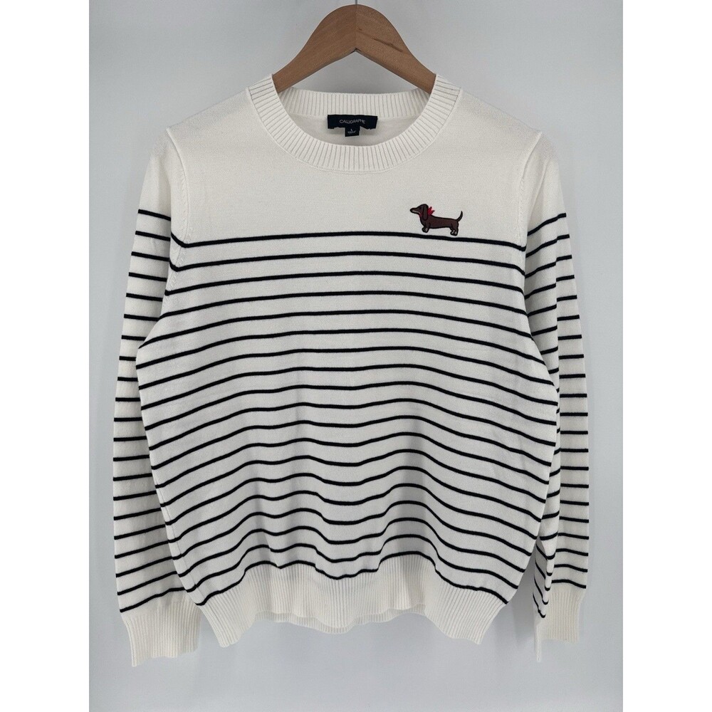 Anthropologie Calligraphie Dachshund Dog Striped Knit Sweater Women's Large